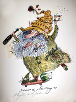 Santa on Skateboard, Christmas Card. Drawing. Private collection, Waltham, MA.